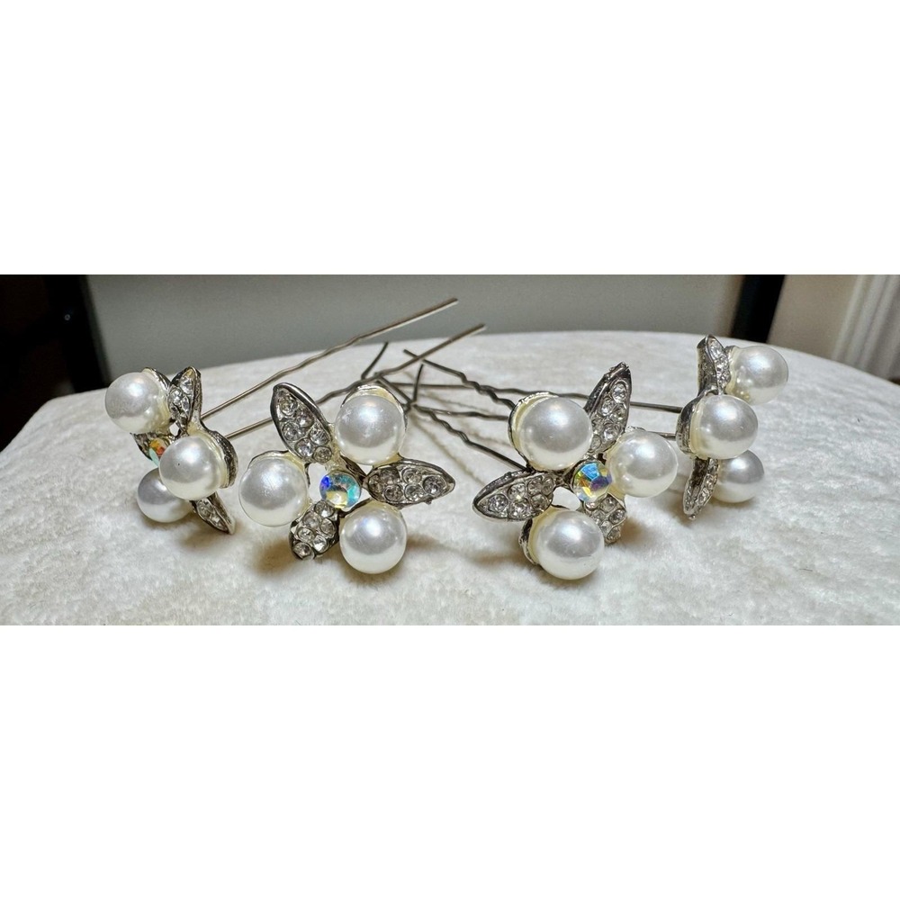 VTG Lot 4 Bridal Glam Hair Pins Silver‎ Tone AB Rhinestones Faux Pearls Glam 80s